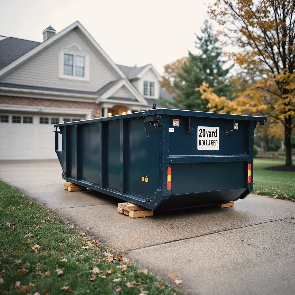 Navy roll-off dumpster sized against a Fishers two-story home