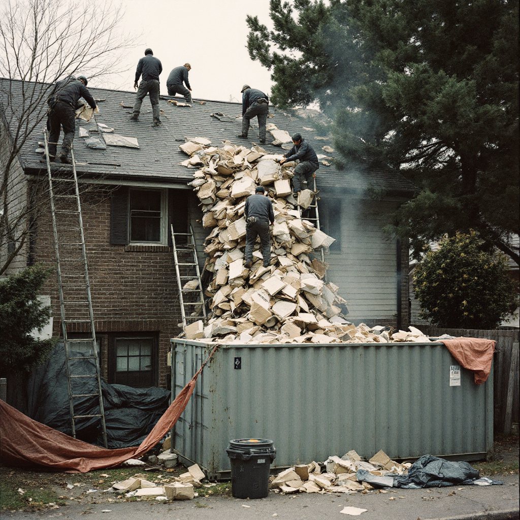 Tear-off debris sliding from a steep roof toward the container below